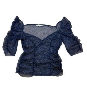 Zara Navy blue light weight sheer polka dot blouse with ruffled puffed sleeves